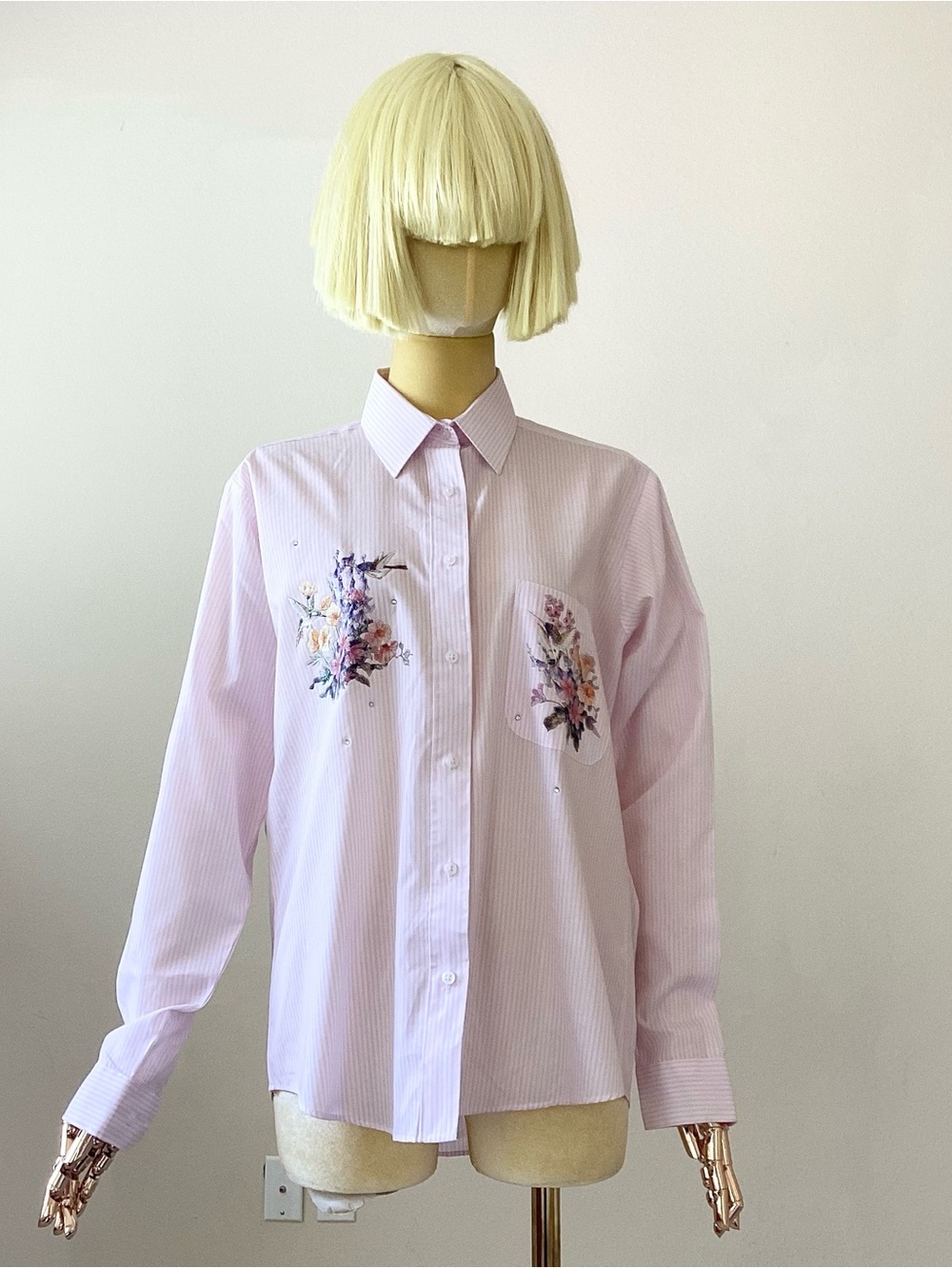 Apache Light Pink Striped Floral Embroidered Button-Down Shirt SZ S